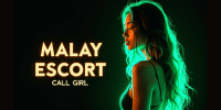Malay escort call girl advertisement with a woman in a black dress and green lighting.