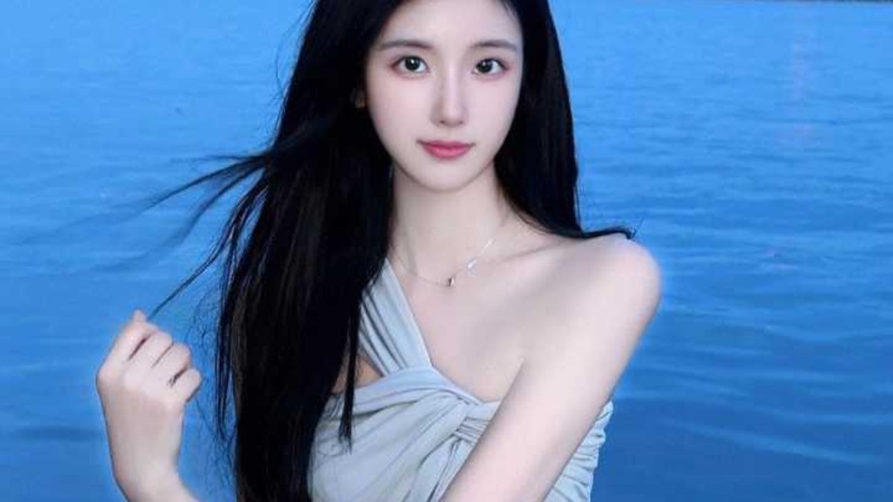 Young woman with long black hair by a lake at dusk.