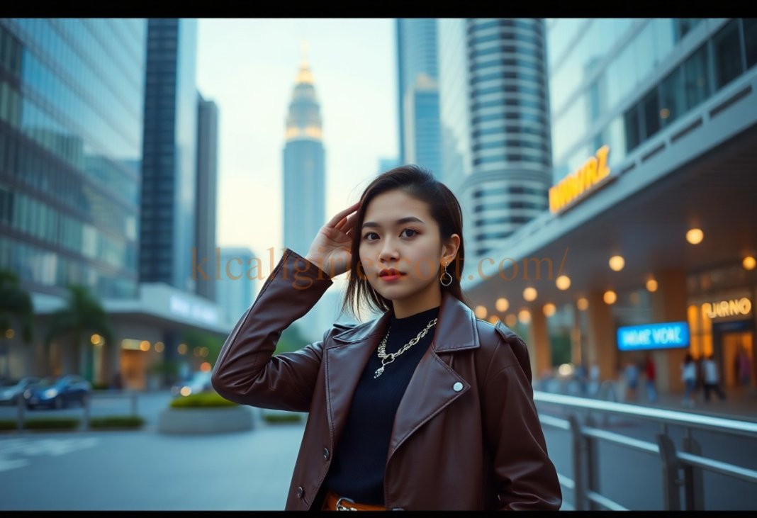 Stylish young woman in brown leather jacket poses in city setting.
