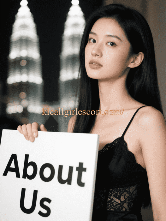 Woman holding a sign that says "About Us