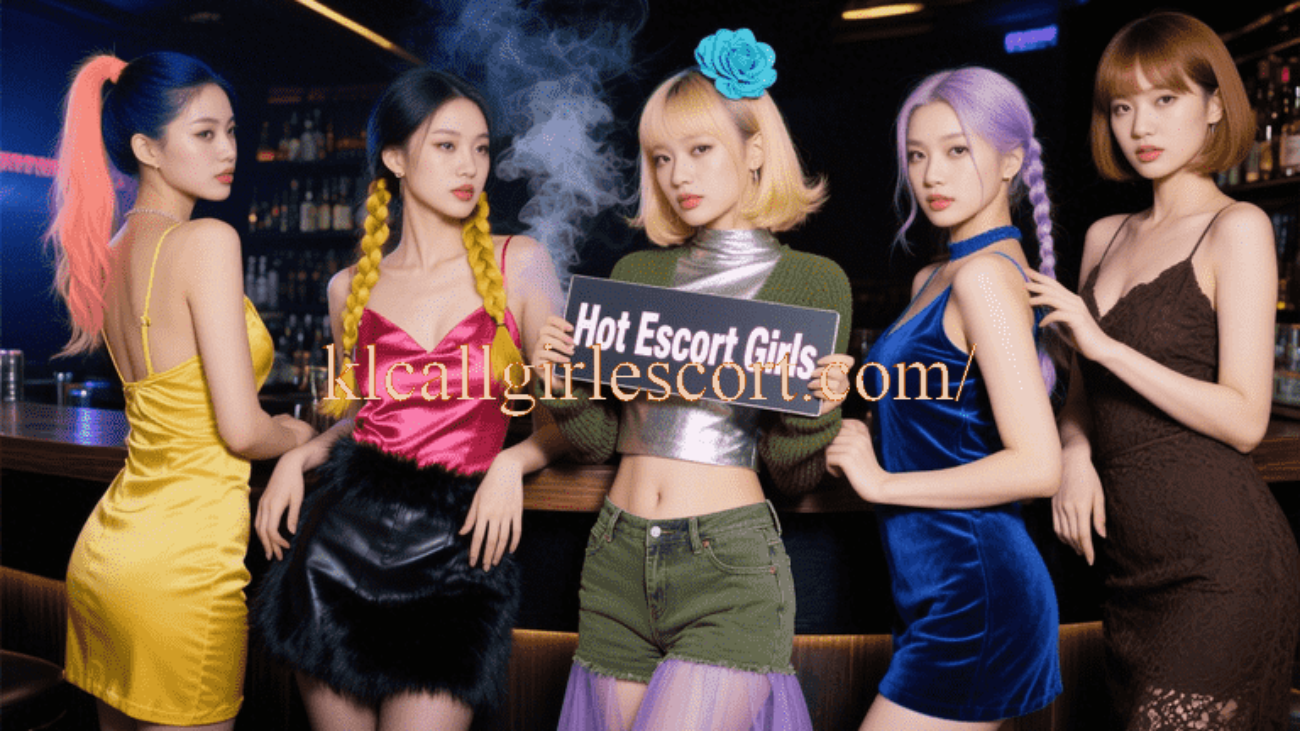 Five women in stylish dresses pose together. "Hot Escort Girls" sign is held in the center.