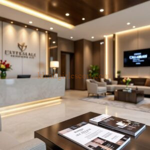 Luxurious Cattedrale Design Group office lobby with comfortable seating and modern reception desk.