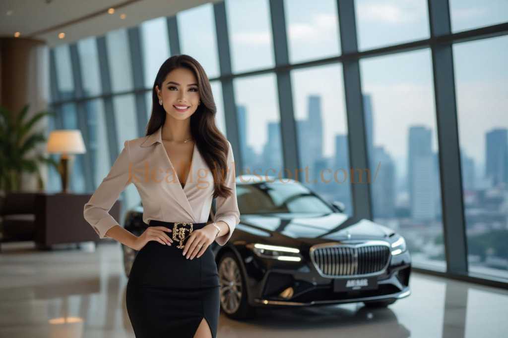 Confident businesswoman in stylish beige top and black skirt stands in front of a luxury black car.
