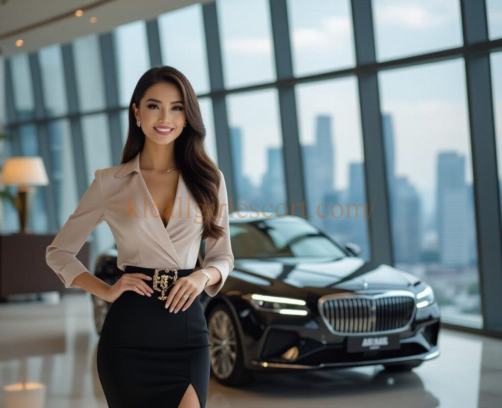 Confident businesswoman in stylish beige top and black skirt stands in front of a luxury black car.