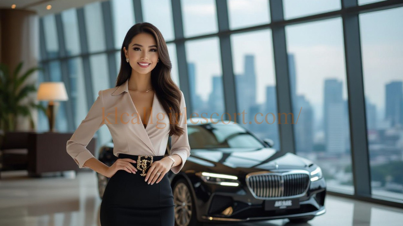 Confident businesswoman in stylish beige top and black skirt stands in front of a luxury black car.