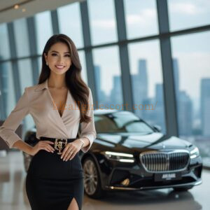 Confident businesswoman in stylish beige top and black skirt stands in front of a luxury black car.