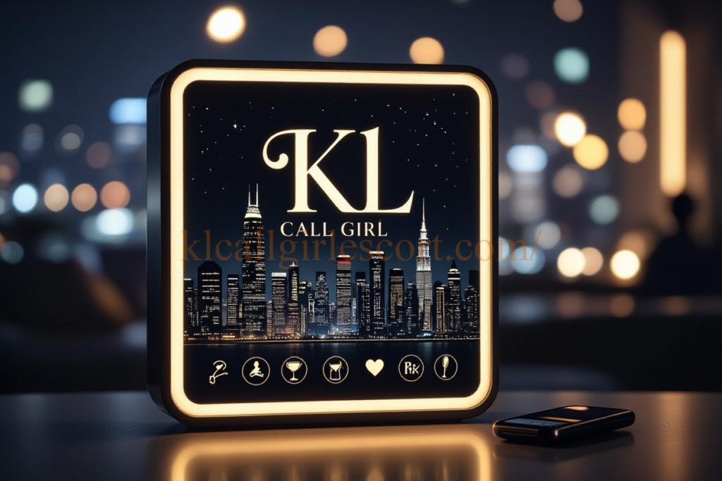 KL Call Girl logo with Chicago skyline at night, illuminated sign.