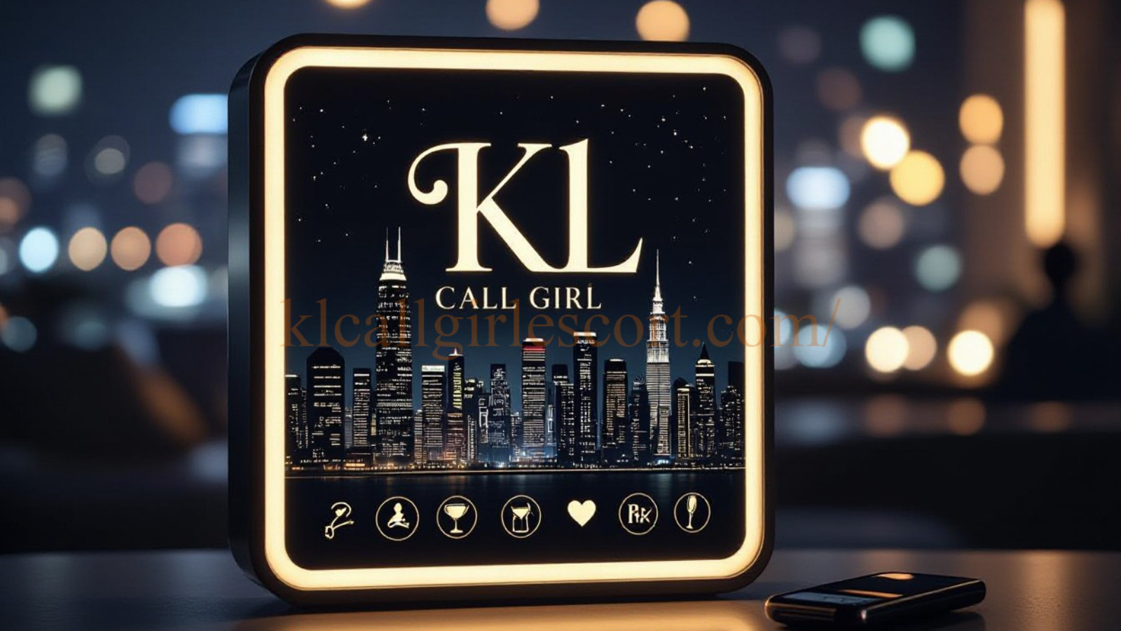 KL Call Girl logo with Chicago skyline at night, illuminated sign.