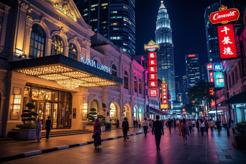 Night view of Bukit Bintang, Kuala Lumpur with bright neon signs