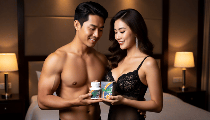Couple holding male enhancement supplements.