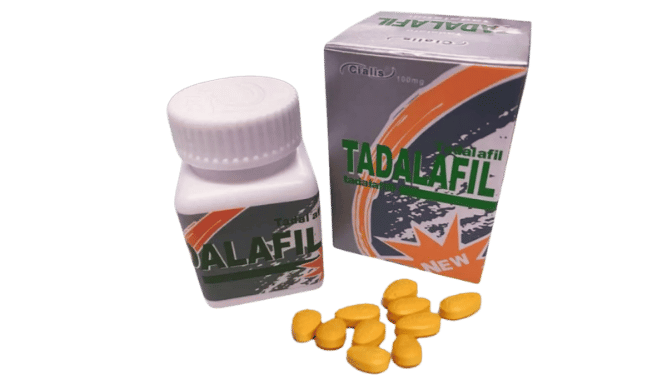 Tadalafil pills and packaging. Text: Tadalafil.