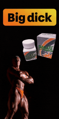 Tadalafil pills for men with bodybuilder. Text: Big dick, Tadalafil.