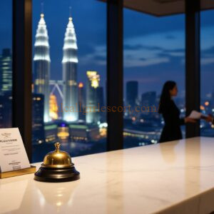 Kuala Lumpur skyline view from hotel reception desk at night