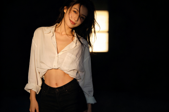 Attractive woman in unbuttoned shirt and shorts. Focus on her physique.