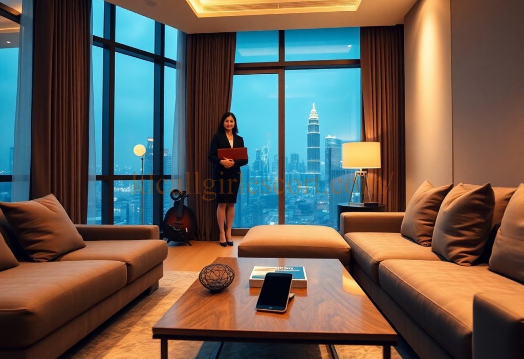 Woman in Kuala Lumpur apartment with Petronas Towers view. Modern living room with sofas.