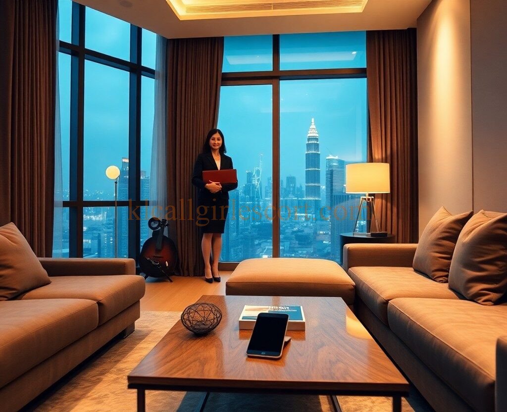 Woman in Kuala Lumpur apartment with Petronas Towers view. Modern living room with sofas.