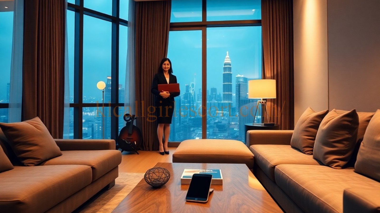 Woman in Kuala Lumpur apartment with Petronas Towers view. Modern living room with sofas.