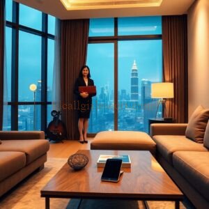 Woman in Kuala Lumpur apartment with Petronas Towers view. Modern living room with sofas.