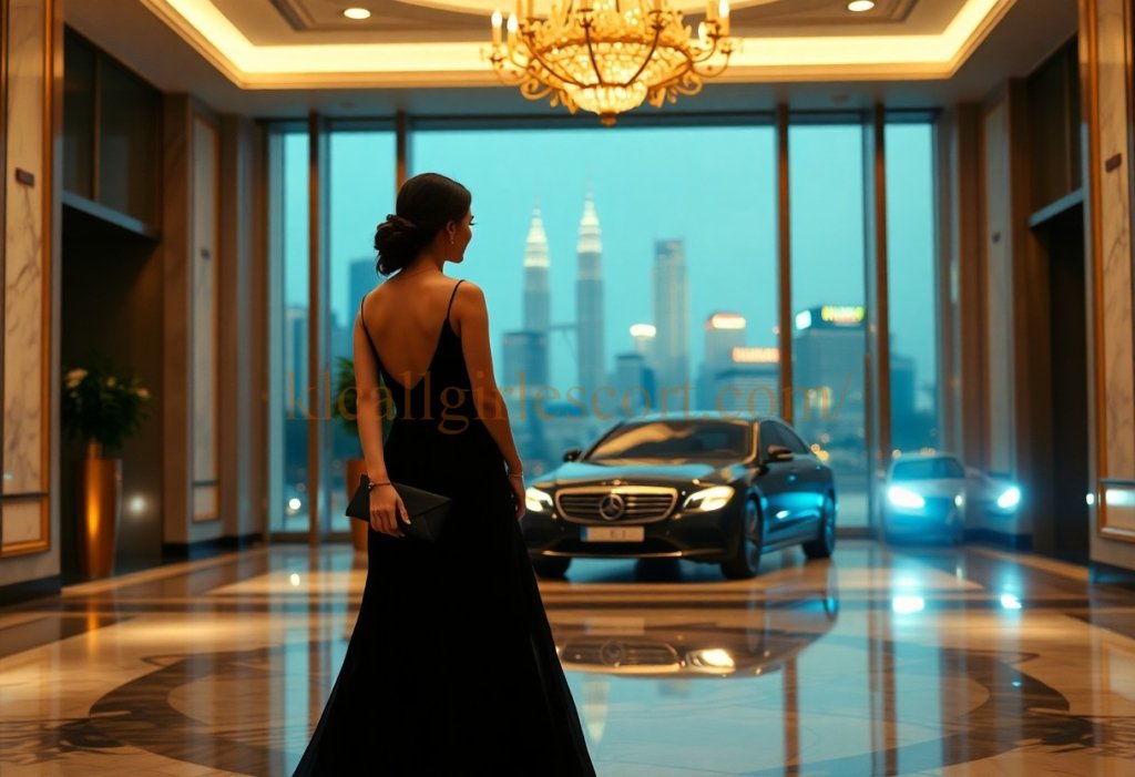 Woman in black gown with Mercedes-Benz in luxury lobby, Kuala Lumpur skyline.