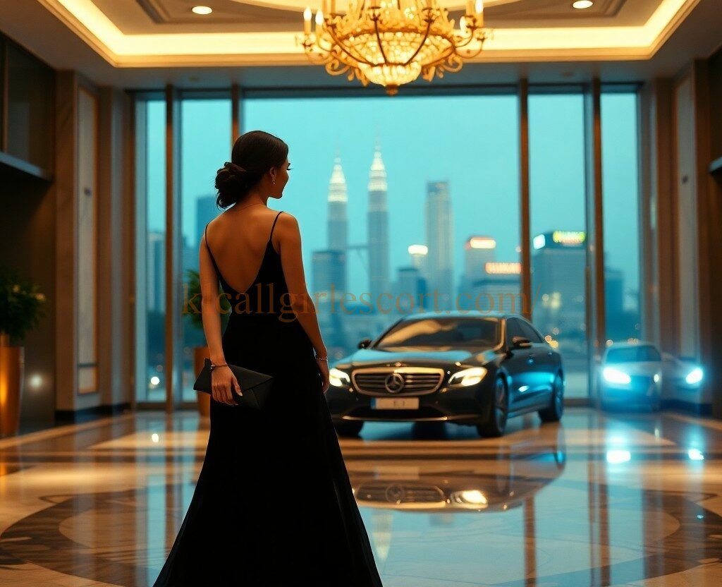 Woman in black gown with Mercedes-Benz in luxury lobby, Kuala Lumpur skyline.