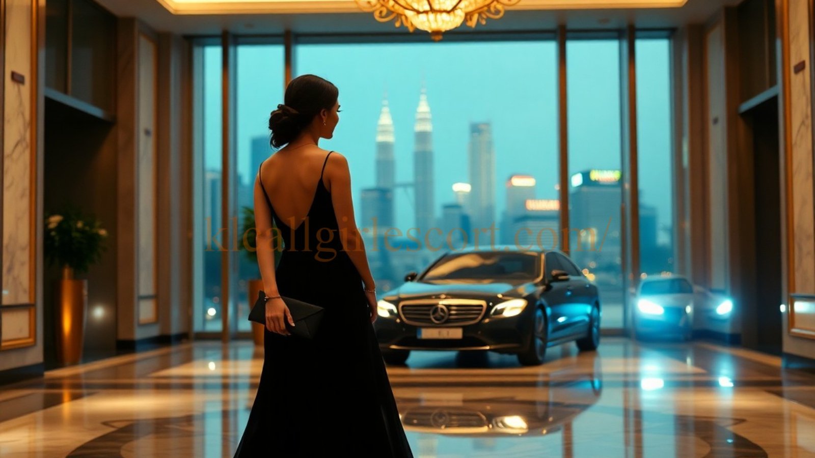 Woman in black gown with Mercedes-Benz in luxury lobby, Kuala Lumpur skyline.
