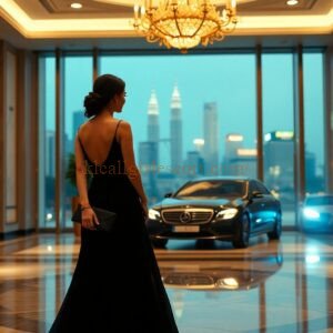 Woman in black gown with Mercedes-Benz in luxury lobby, Kuala Lumpur skyline.