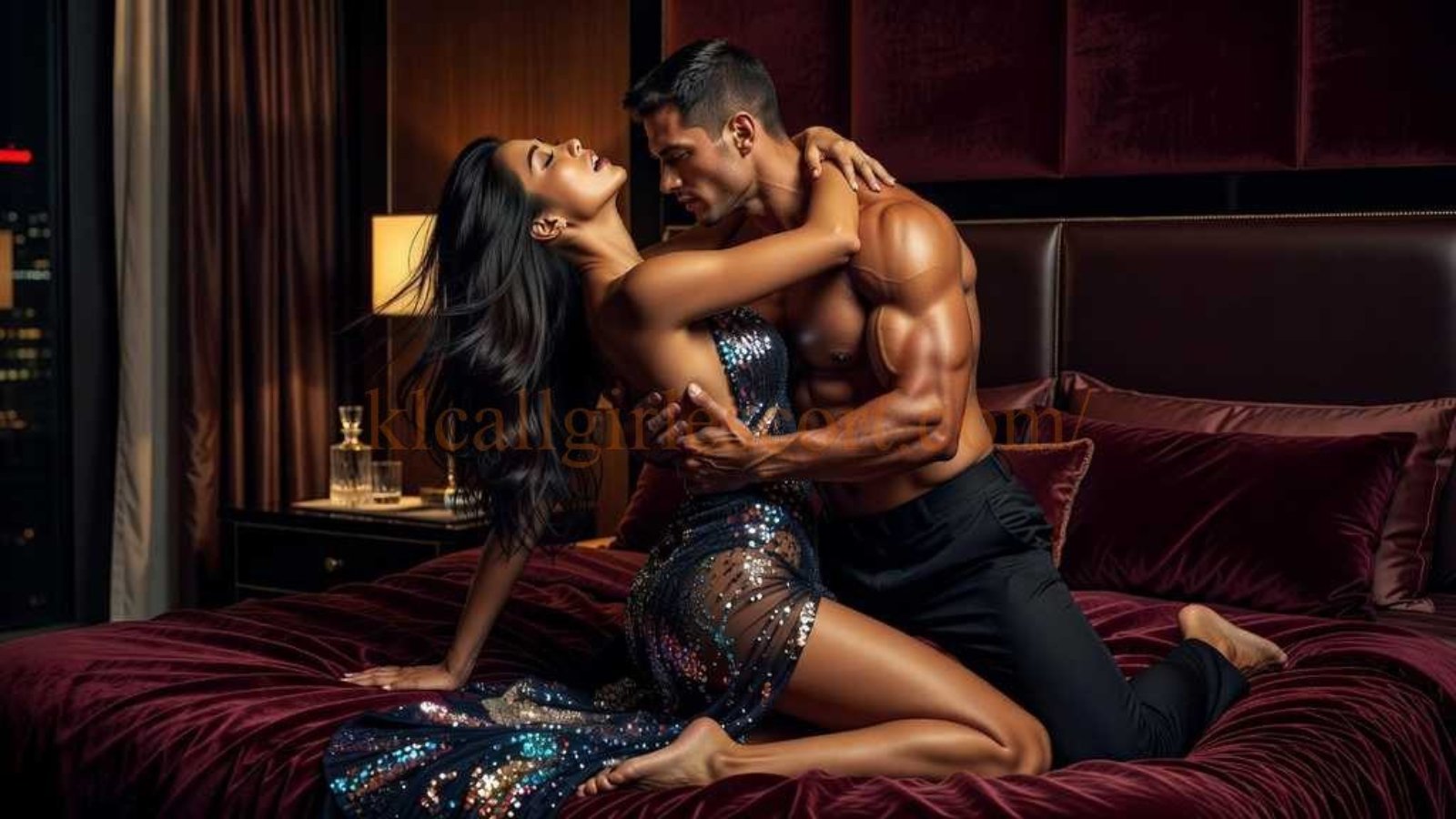Couple embracing intimately on a luxurious bed