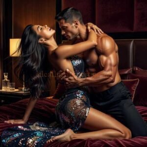Couple embracing intimately on a luxurious bed