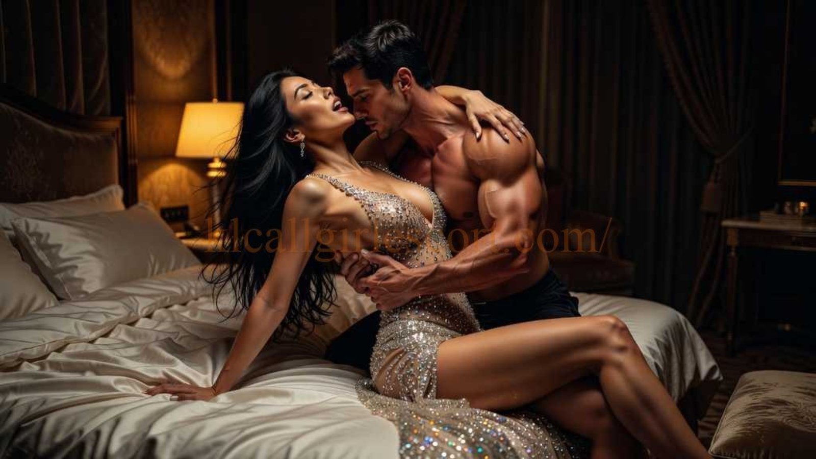 Couple embracing intimately on a luxurious bed in a dimly lit room.