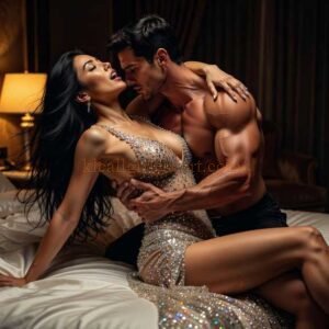 Couple embracing intimately on a luxurious bed in a dimly lit room.