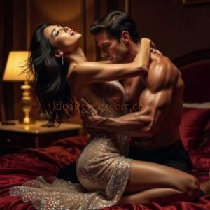 Couple embracing intimately on a bed in a luxurious room