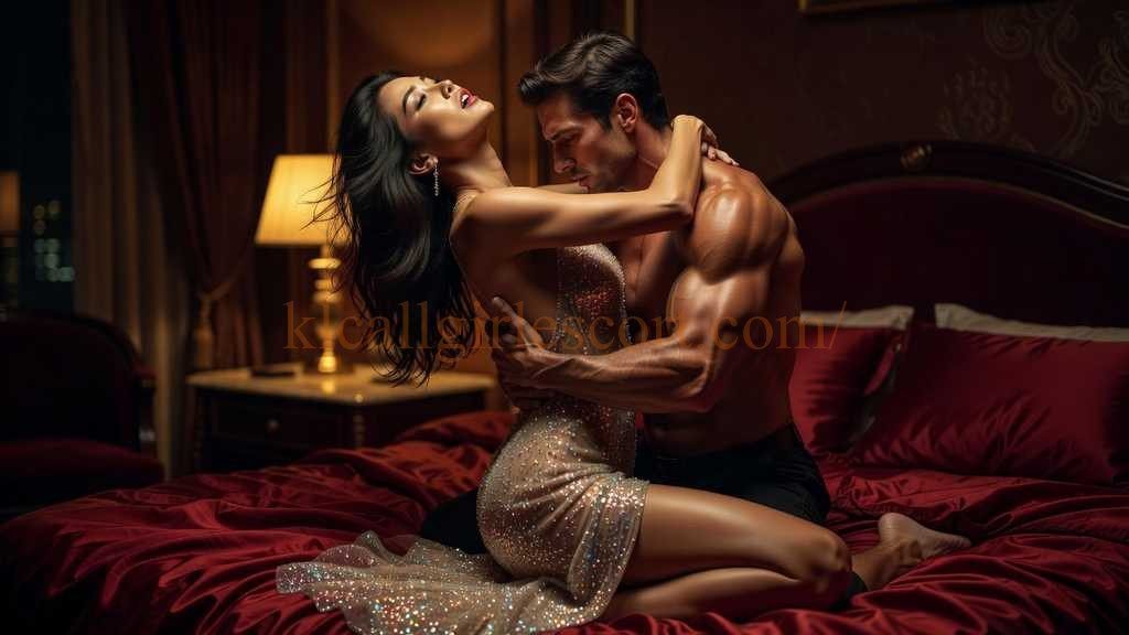 Couple embracing intimately on a bed in a luxurious room