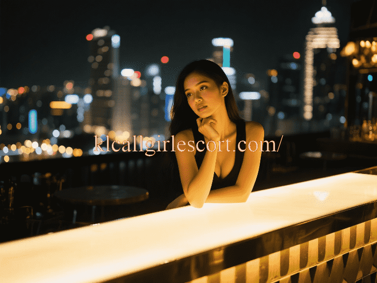Young woman in black dress on rooftop bar overlooking city lights at night