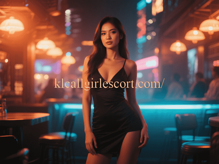 Elegant woman in black dress in a neon-lit bar, KLCC escort